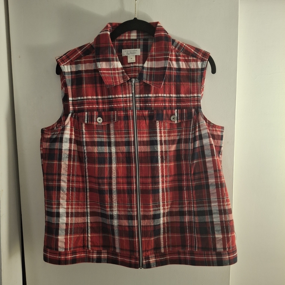 Christopher & Banks Women's Red, White, And Navy Plaid Sleeveless Vest